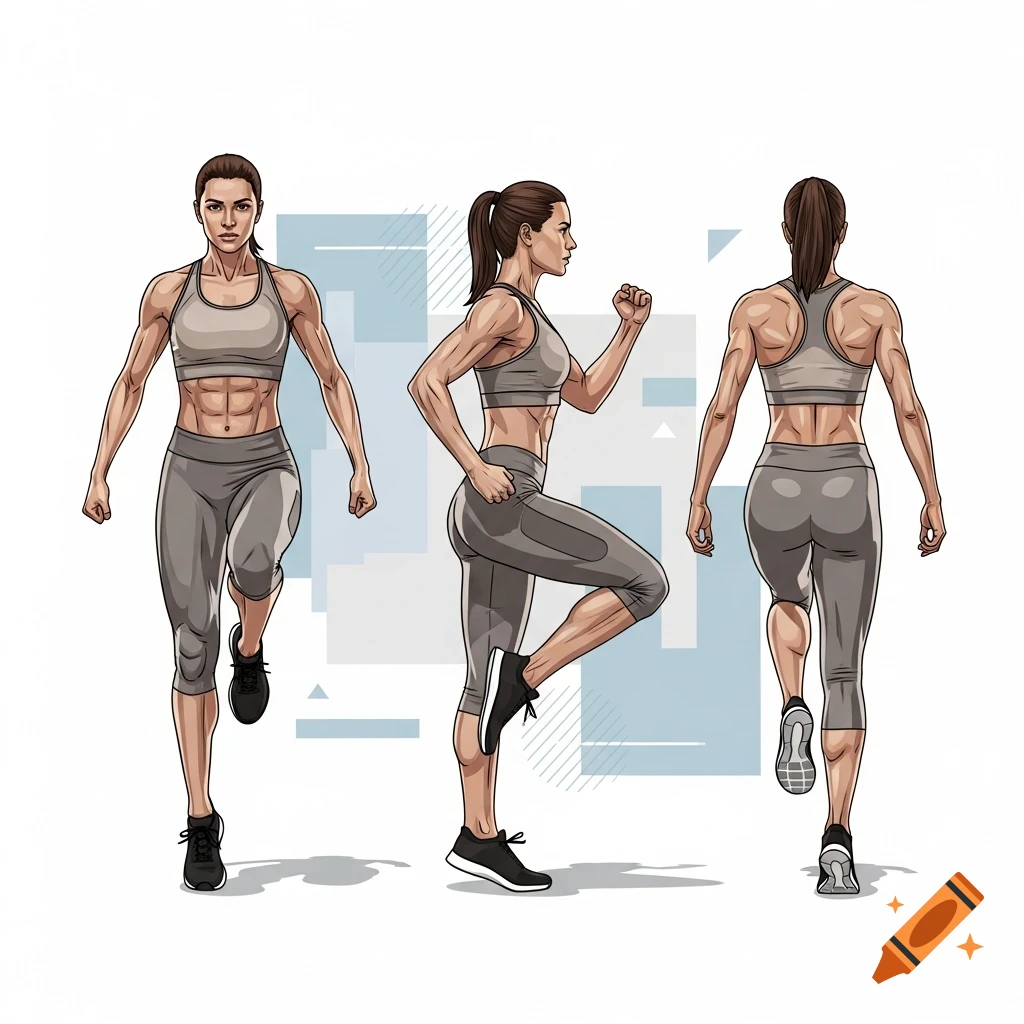 Graphic illustration of a fit female athlete in a gray sports bra and leggings, shown from front, side, and back in a running stance.