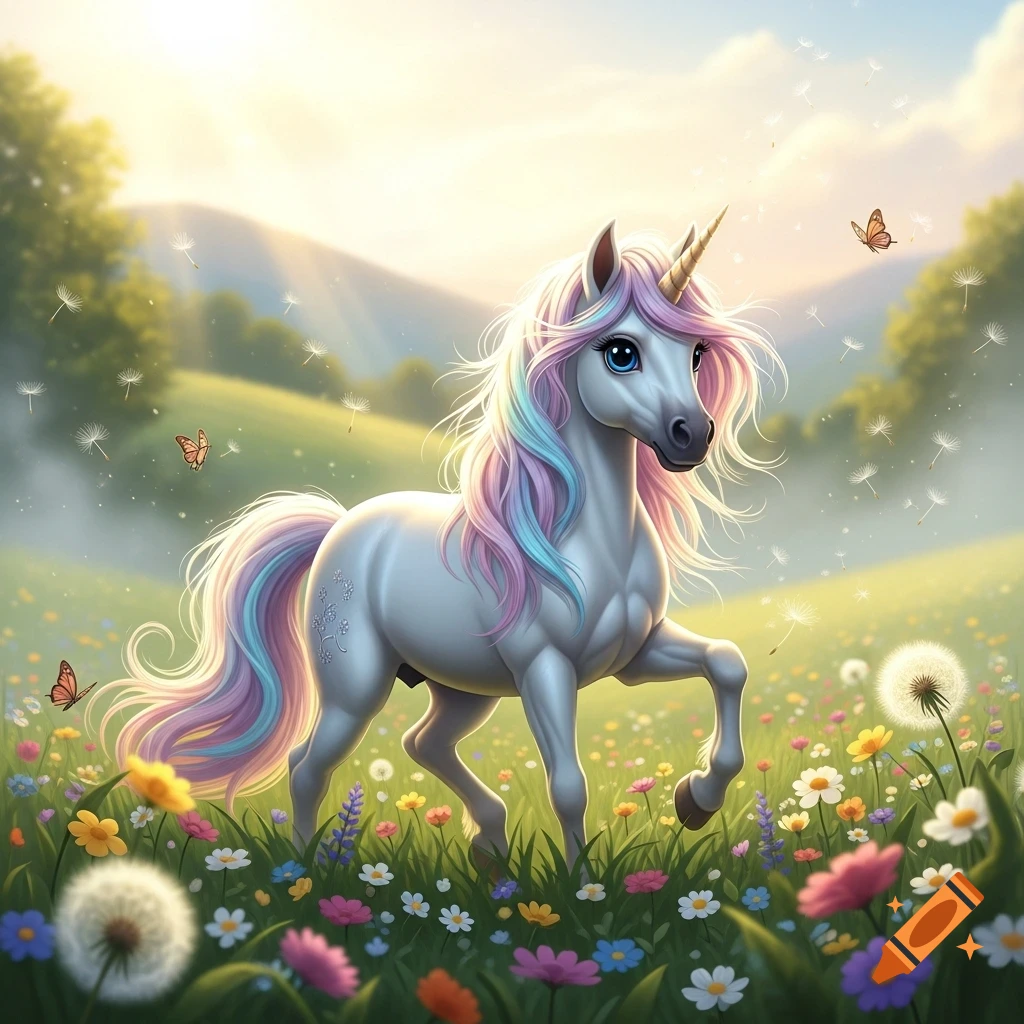 A cute white unicorn with a pastel rainbow mane and tail stands in a sunny meadow filled with colorful wildflowers and butterflies.