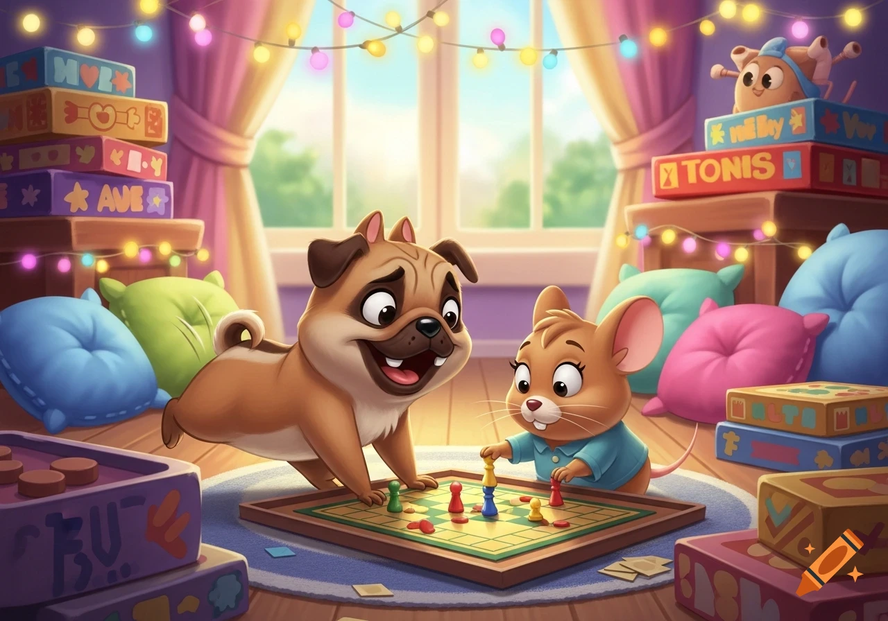 A cartoon pug and mouse joyfully play a board game in a brightly lit, colorful room filled with toys and string lights.