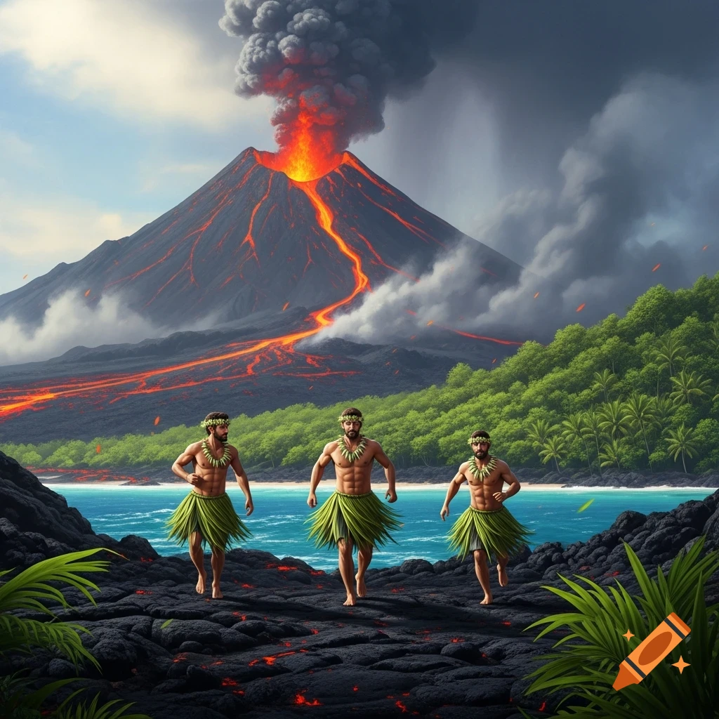Three men in grass skirts and leis walk on black volcanic rock near a vibrant blue ocean, with a fiery erupting volcano in the background. Photorealistic style.