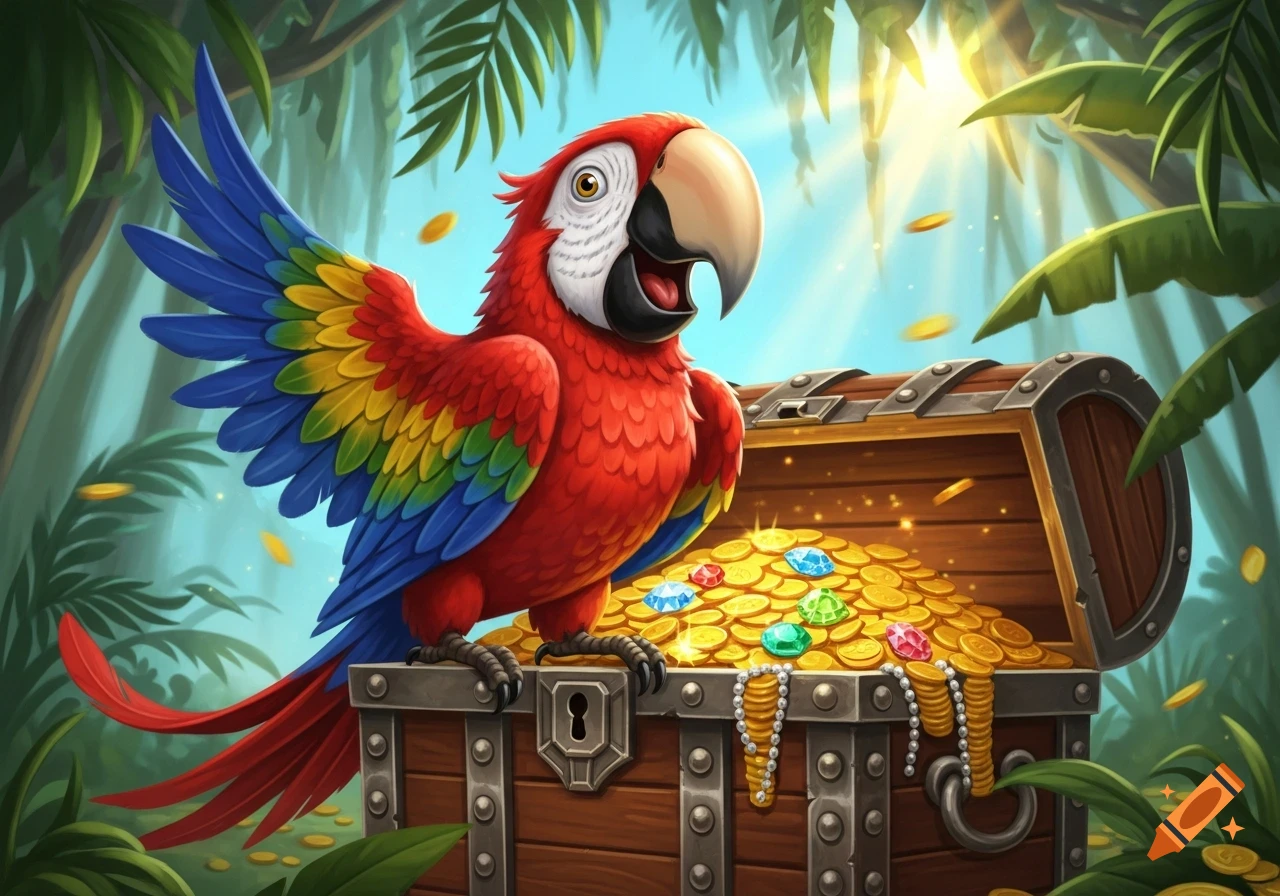 A cartoonish, colorful parrot stands on a treasure chest overflowing with gold coins and sparkling gems in a lush jungle setting under sunlight.