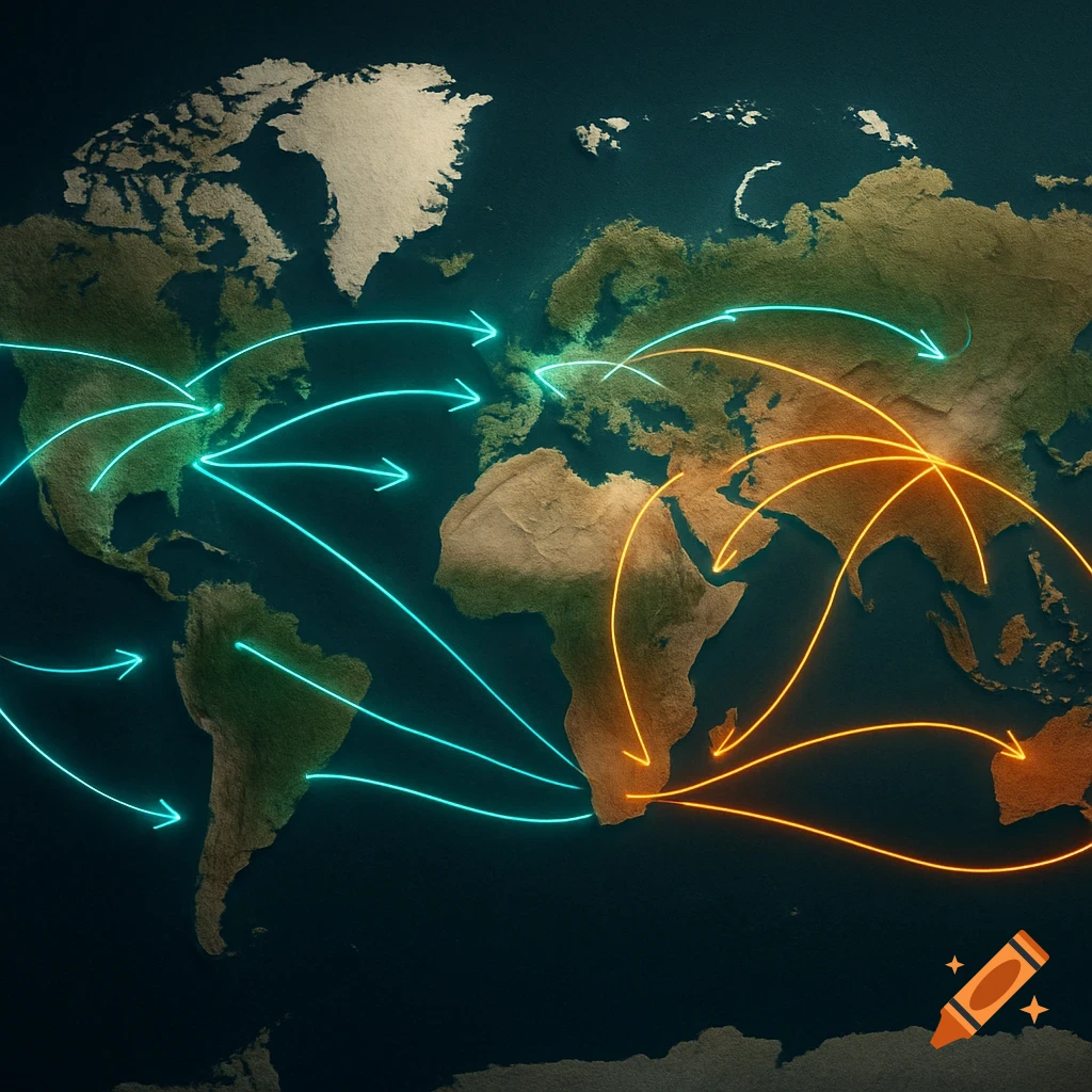 A stylized world map shows continents with glowing blue and orange arrows connecting different regions, indicating global flows.