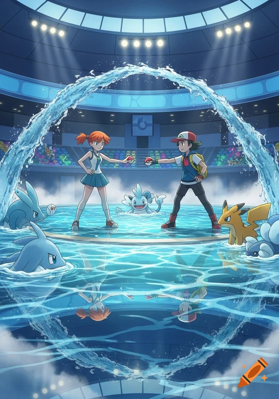 Ash and Misty face off in a water-filled Pokemon arena, surrounded by several Pokemon like Vaporeon, Swampert, Pikachu, and Walrein. Water splashes around them.