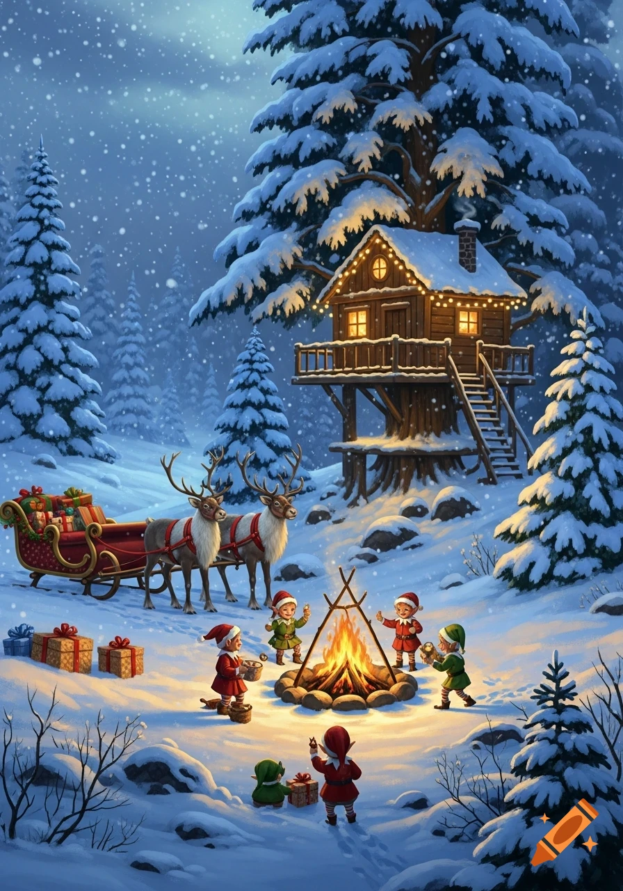 Elves, reindeer, and a sleigh with gifts around a bonfire in a snowy winter forest with a lit treehouse.