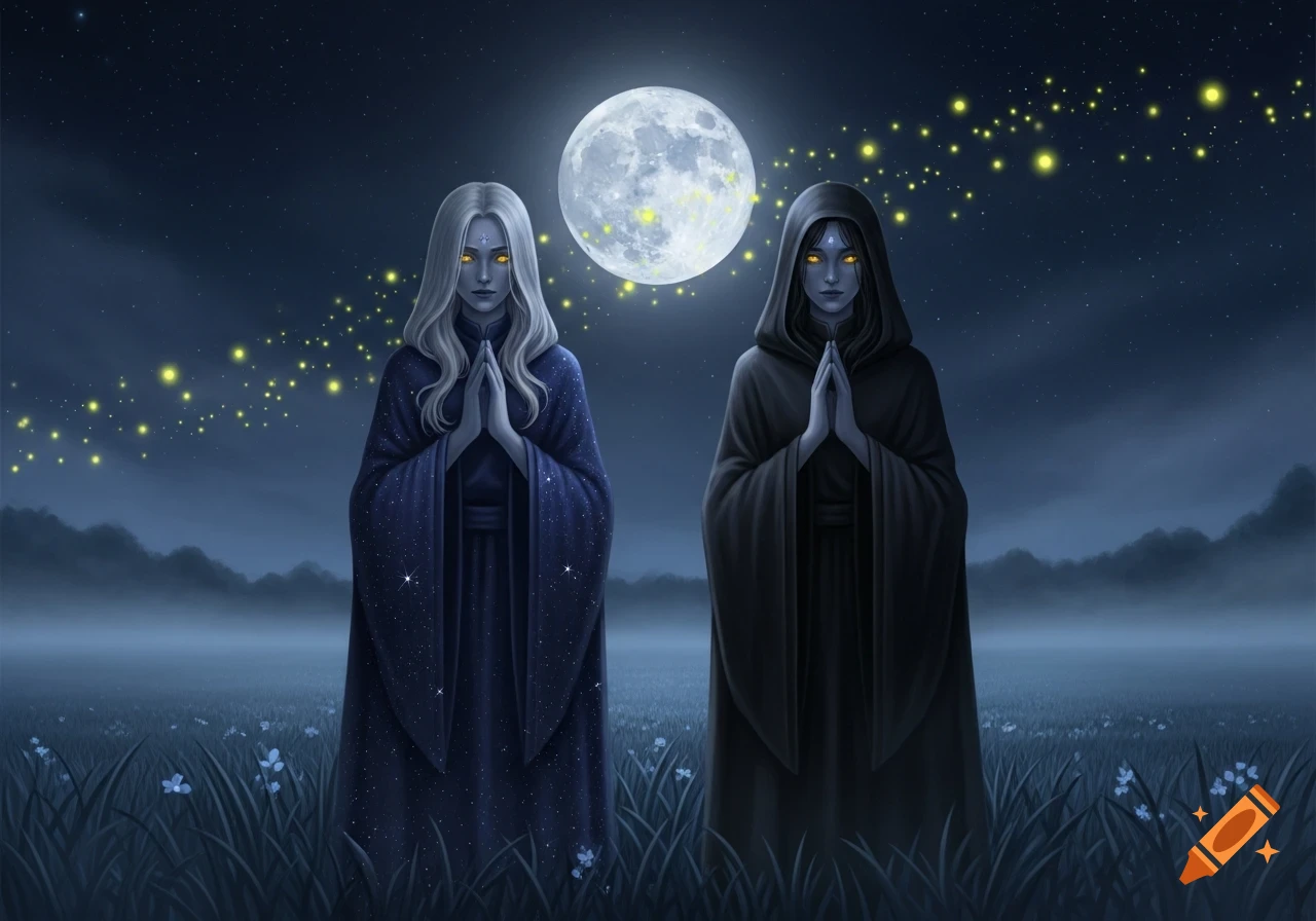 Two robed figures with glowing eyes stand in a moonlit field at night, under a large full moon with golden stars.