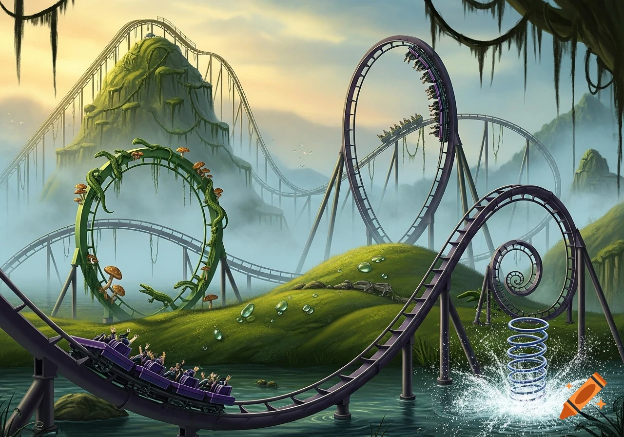 A vibrant fantasy roller coaster winds through a mystical swamp, featuring moss-covered hills, purple loops, and riders in carts.