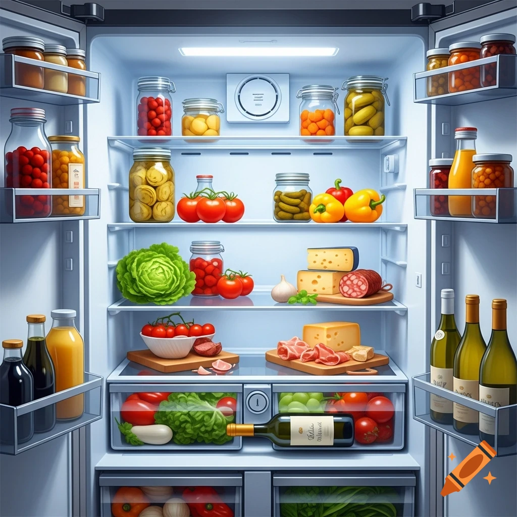 A full, brightly lit refrigerator interior packed with various food items including fresh vegetables, fruits, cheeses, jars of pickled goods, raw meats, and bottles of drinks on shelves and in drawers, in a photorealistic style.