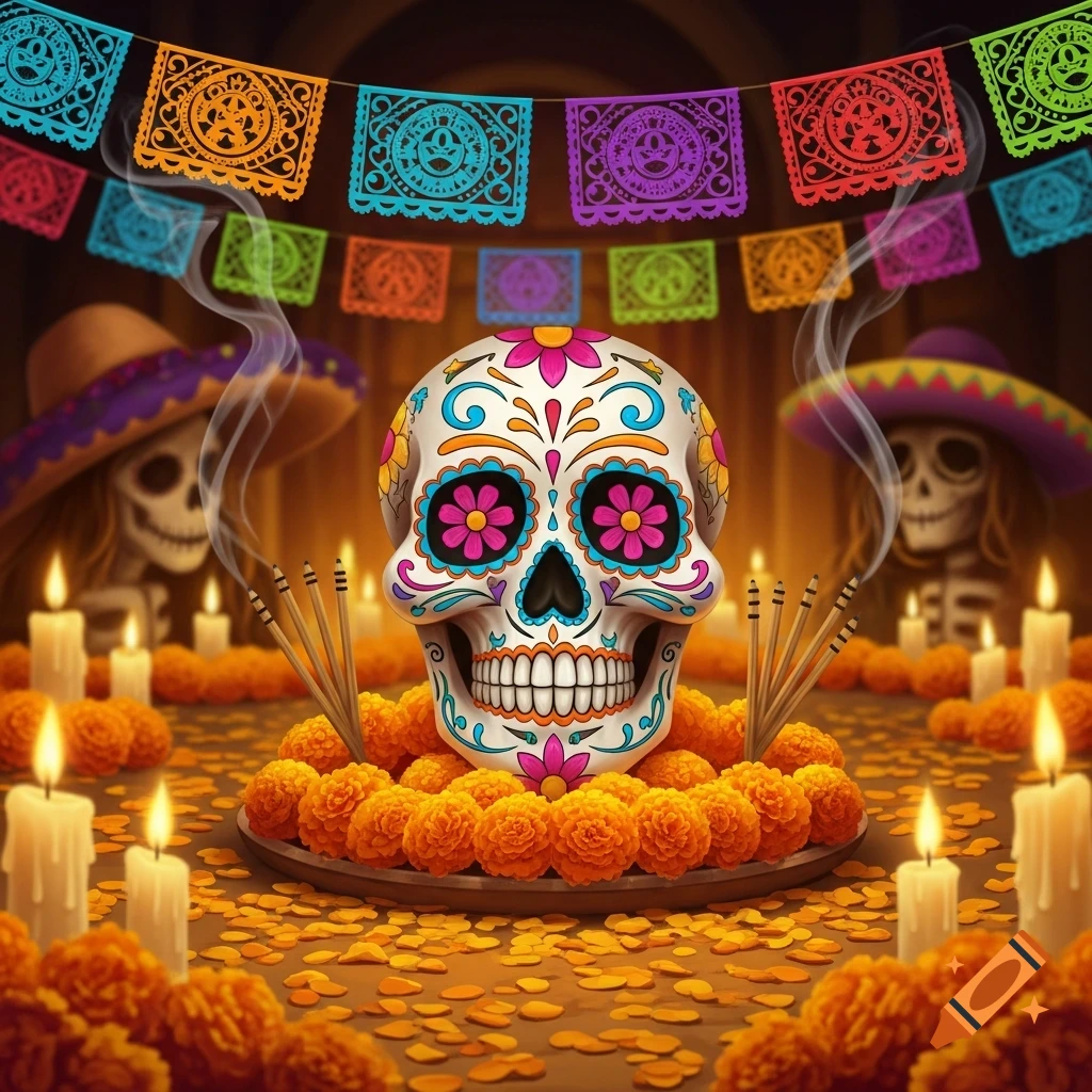 Vibrant sugar skull with marigolds, candles, and skeletons in sombreros, under colorful papel picado banners, depicting a Day of the Dead celebration.