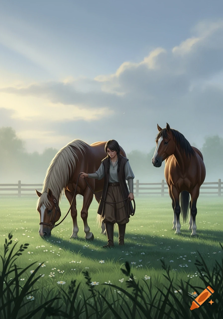 A person leads a brown horse with a white mane in a grassy field, while another brown horse stands nearby under a cloudy sky in a digital art style.