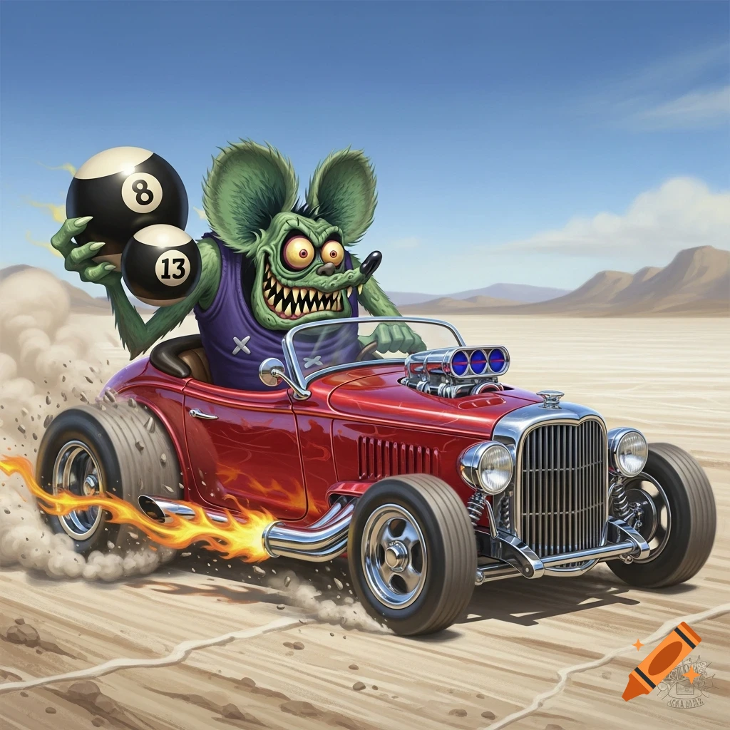 A green, monstrous Rat Fink character drives a red hot rod with flames, holding an 8-ball and 13-ball, kicking up dust in a desert.