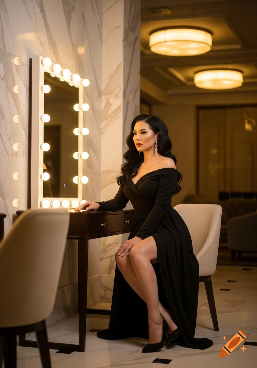 A glamorous woman in an off-shoulder black dress with a thigh-high slit sits elegantly by an illuminated vanity mirror in a luxurious room.