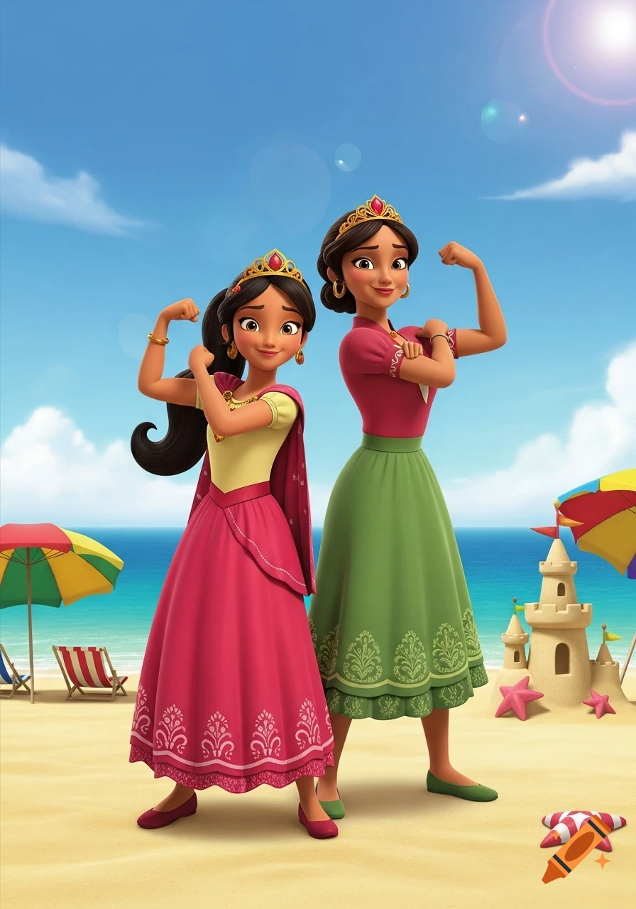 Animated Elena of Avalor and her mother flex muscles on a sunny beach with a sandcastle.