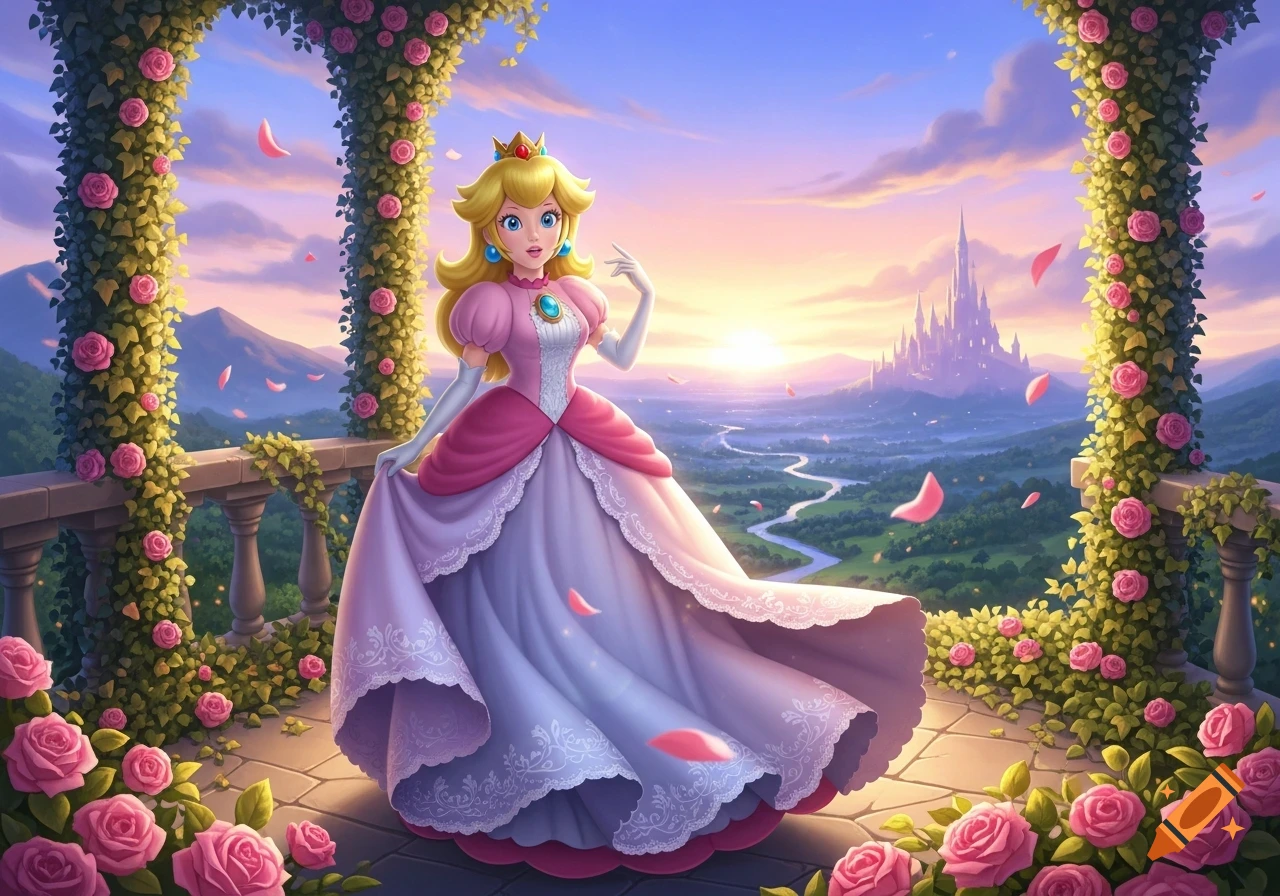Princess Peach in a pink and white gown stands on a rose-covered balcony, overlooking a valley with a river and a distant castle at sunset.