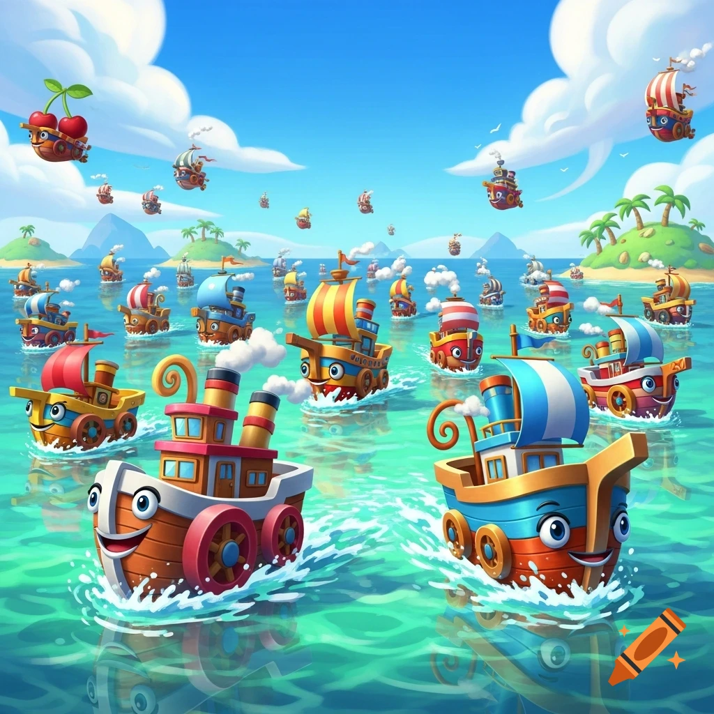 A vibrant cartoon fleet of happy, colorful boats with faces sailing across a bright blue ocean with tropical islands in the background.
