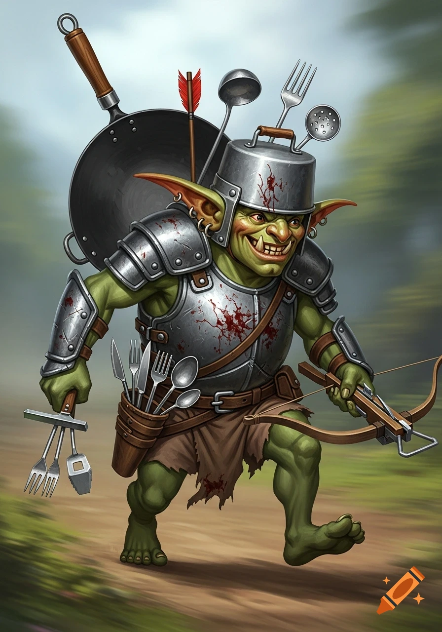 A cartoonish green goblin warrior wearing armor made of kitchen utensils, carrying a crossbow, covered in stylized blood, runs forward with a grin.