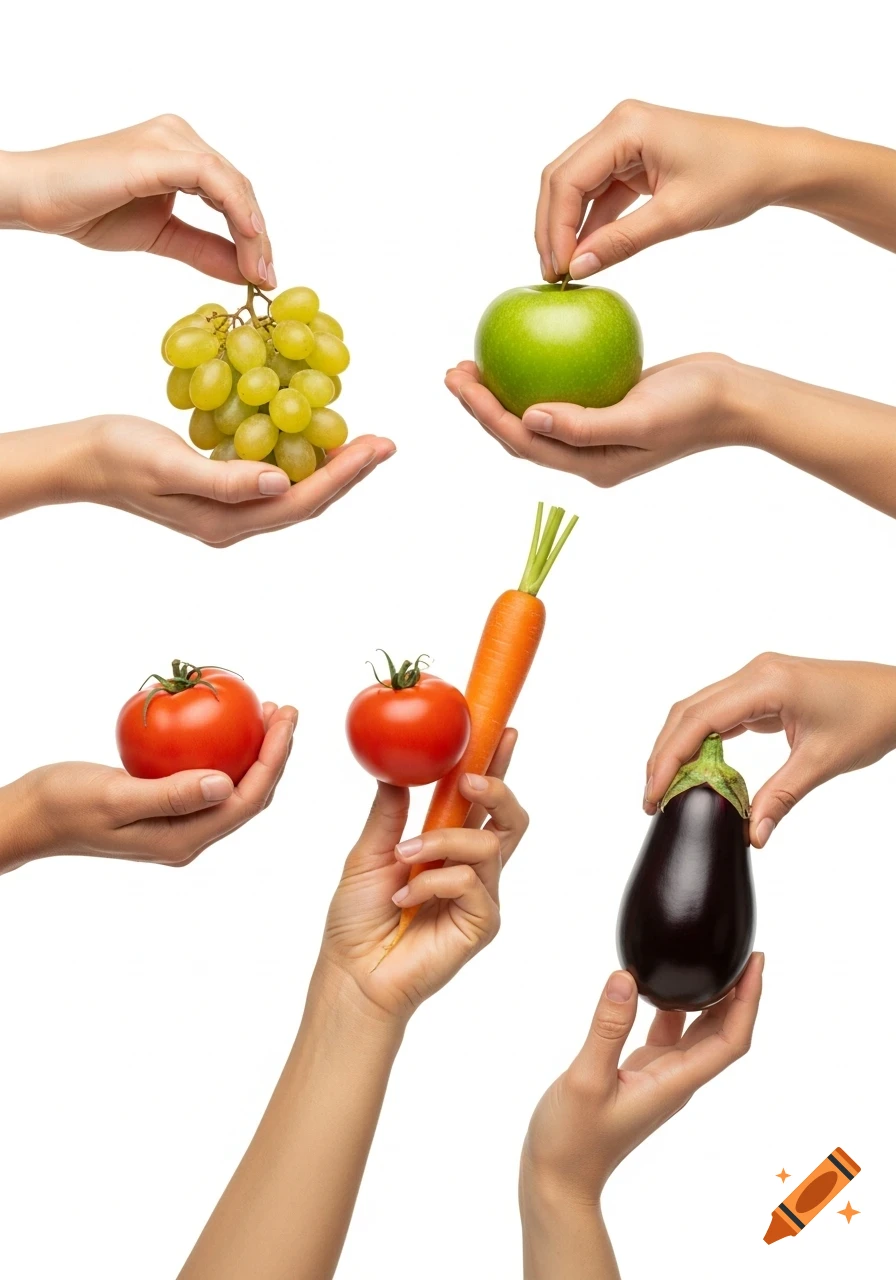 Multiple hands hold various fresh fruits and vegetables, including grapes, a green apple, tomatoes, a carrot, and an eggplant, against a white background.