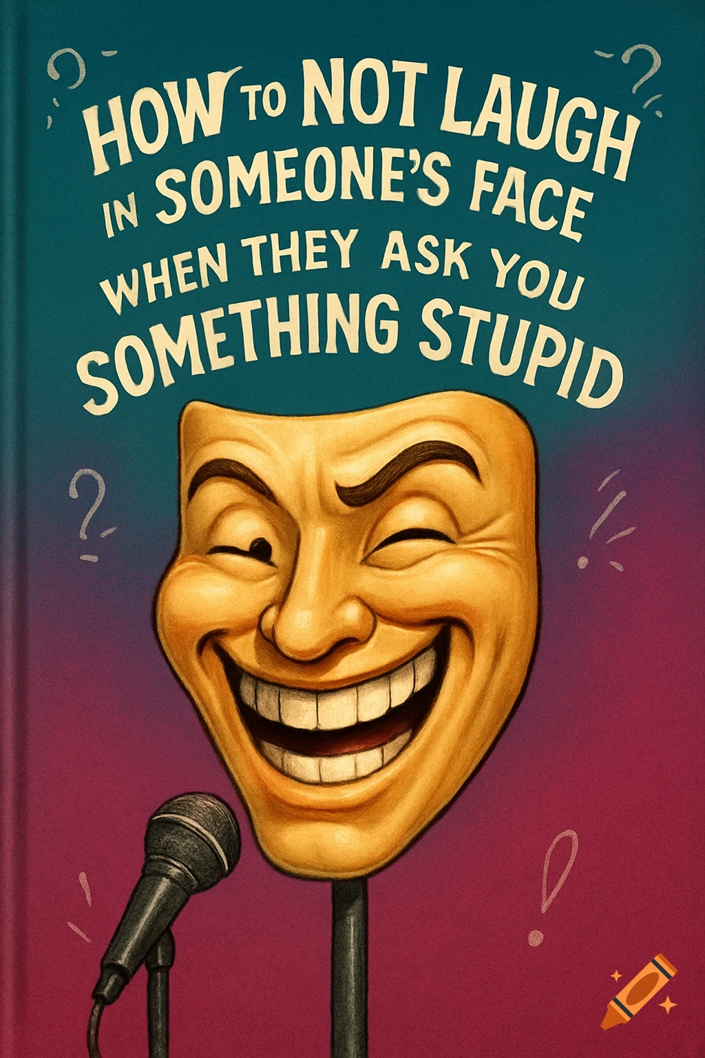A book cover featuring a golden theatrical comedy mask laughing, on a stand with a microphone, against a blue and purple background. The title reads: 'HOW TO NOT LAUGH IN SOMEONE'S FACE WHEN THEY ASK YOU SOMETHING STUPID'.