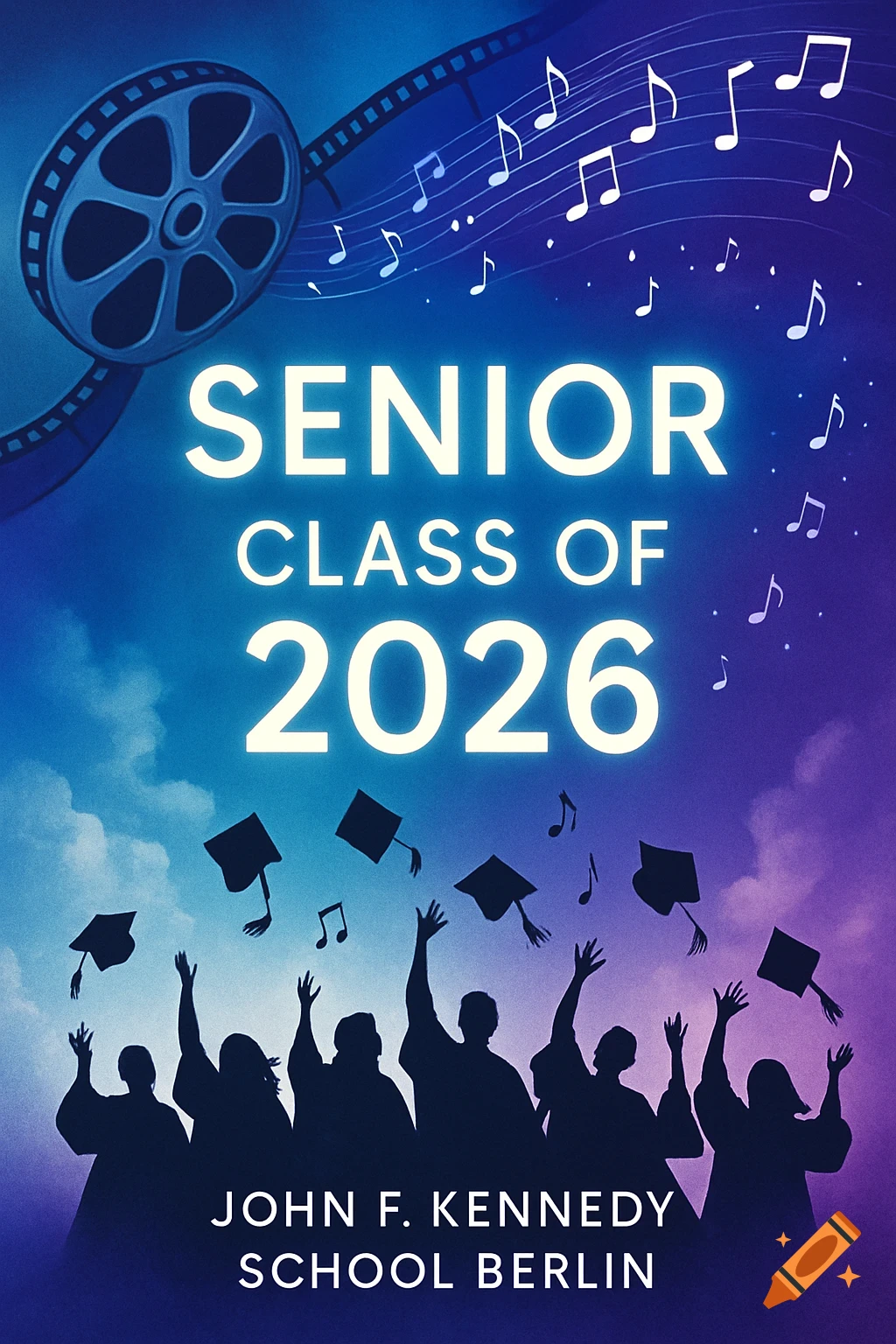 A vibrant blue and purple illustration for the "Senior Class of 2026" from "John F. Kennedy School Berlin," featuring graduates throwing caps, a film reel, and musical notes.
