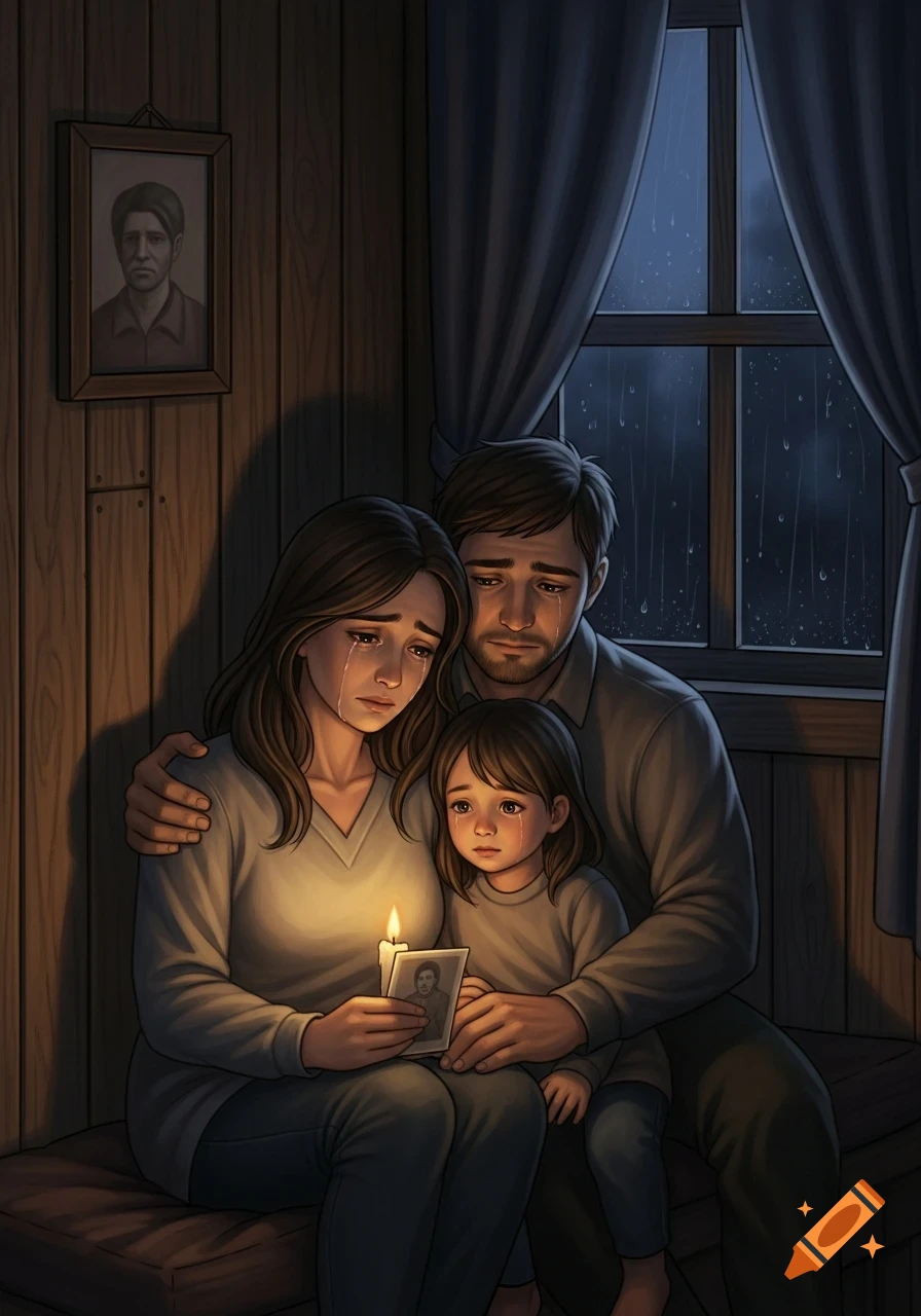 An illustration of a crying family (mother, father, and child) comforting each other by candlelight during a rainy night.