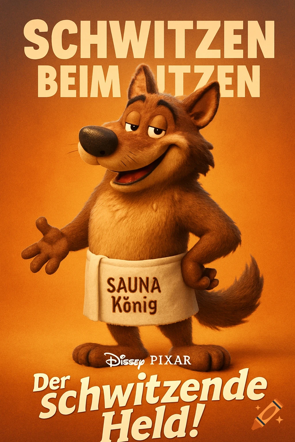 A smiling cartoon wolf mascot in a sauna towel on a movie poster with text 'SCHWITZEN BEIM SITZEN' and 'SAUNA König'.