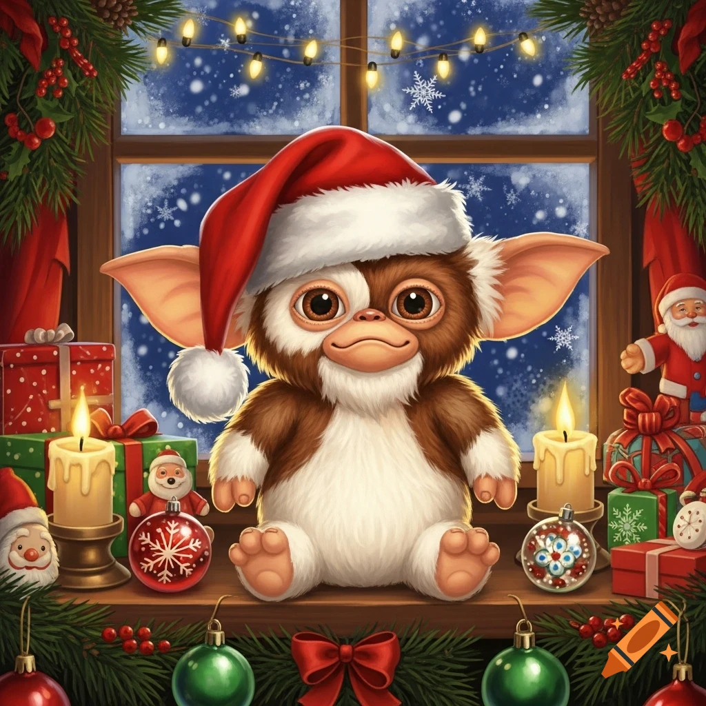 Gizmo in a Santa hat sits on a festive windowsill with candles, gifts, and ornaments, snow falling outside.