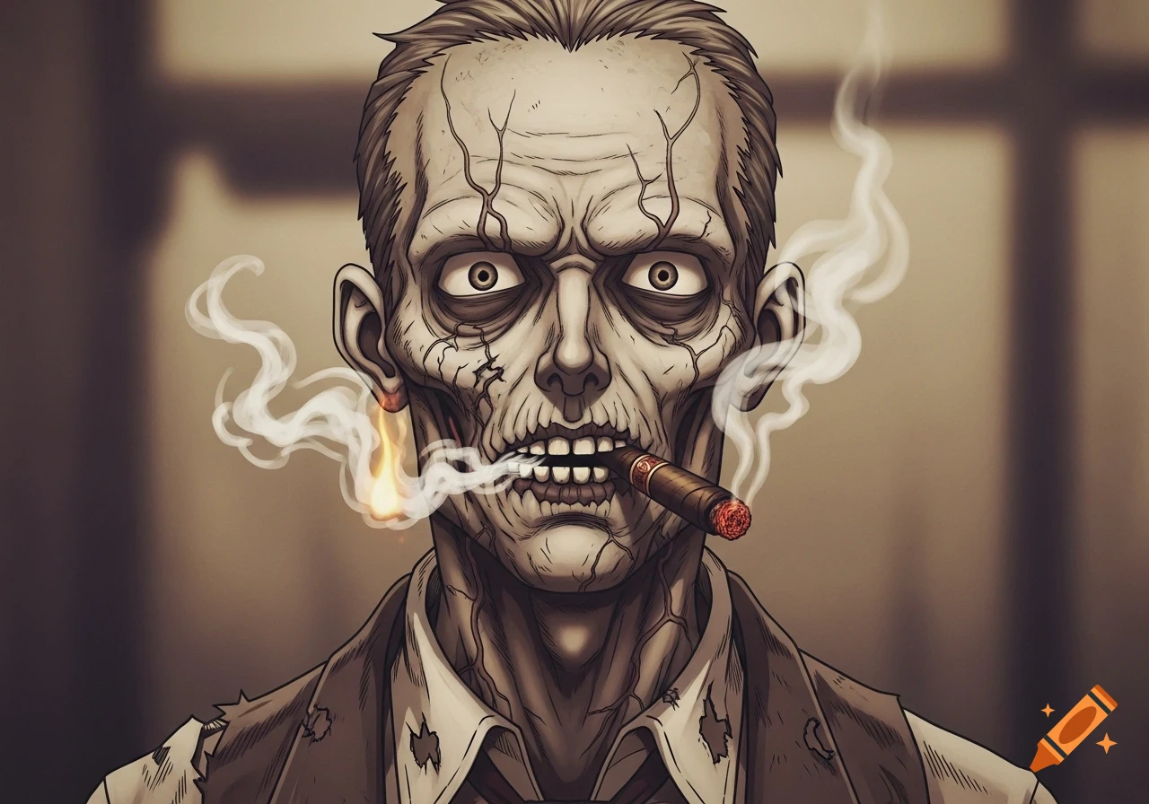 Close-up of a vintage anime-style zombie smoking a cigar, looking straight ahead.