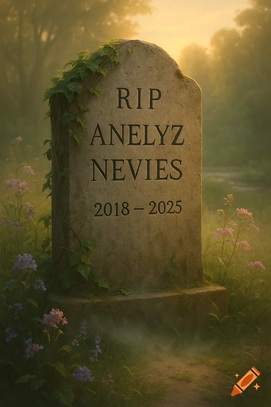 A stone tombstone in a misty, golden-lit graveyard, reading 'RIP ANELYZ NEVIES 2018 - 2025', with ivy and flowers.