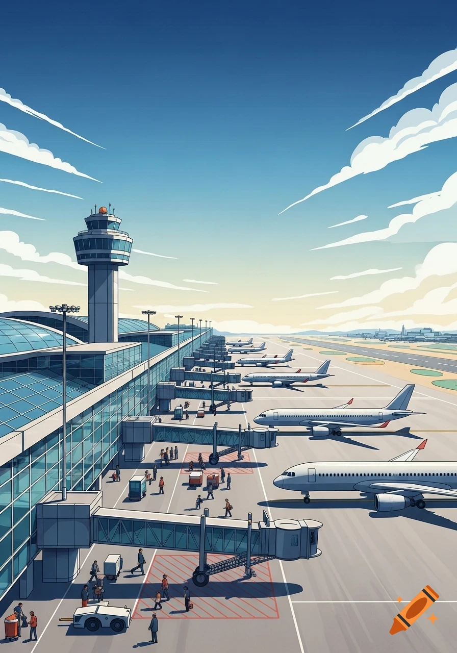 Illustrative view of a busy airport terminal with airplanes at gates, a control tower, and tiny people under a blue sky.