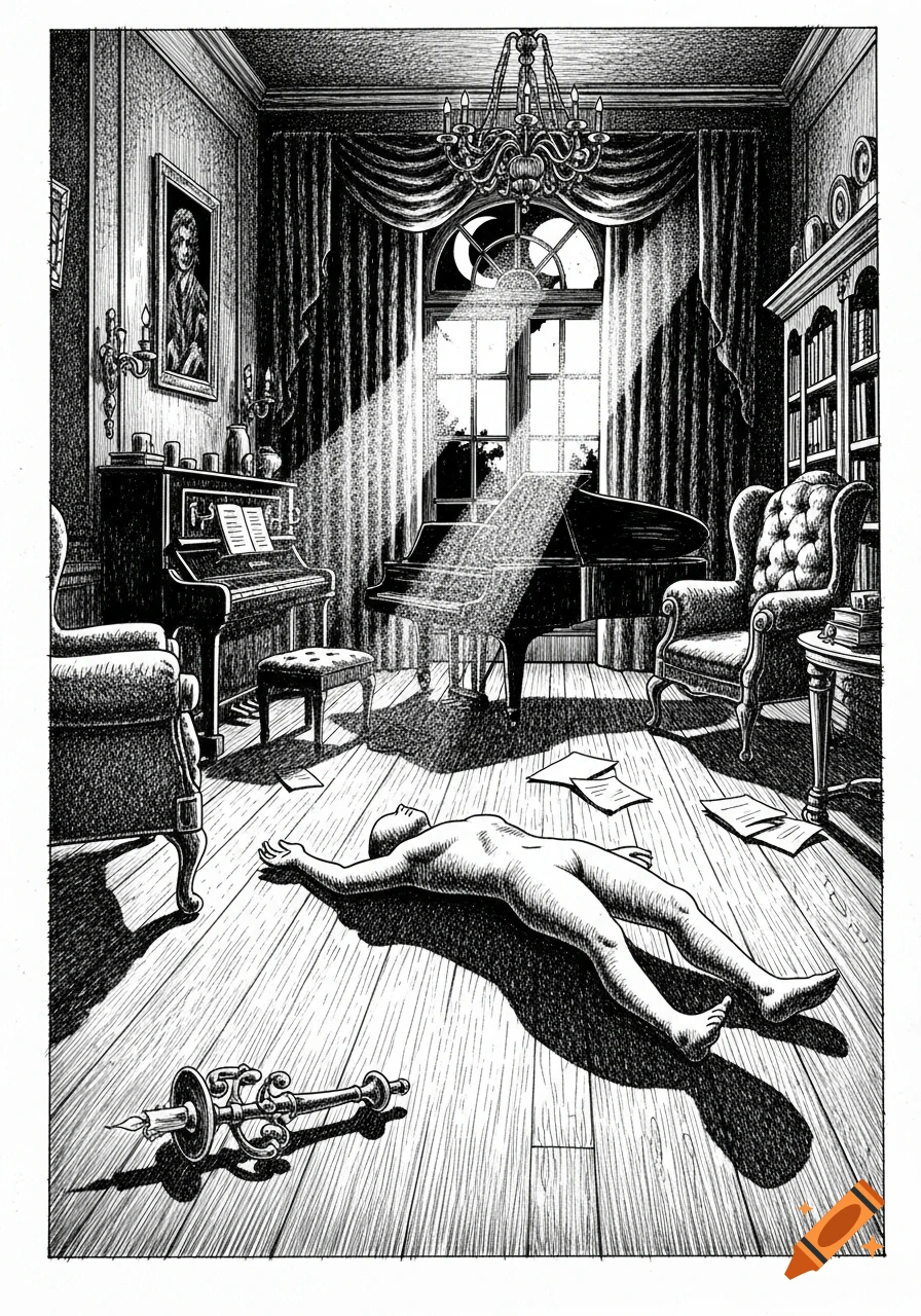 A black and white hand-drawn illustration of a grand room with a naked body lying on the wooden floor. Pianos, an armchair, and a bookshelf furnish the room, as light streams through a tall window.