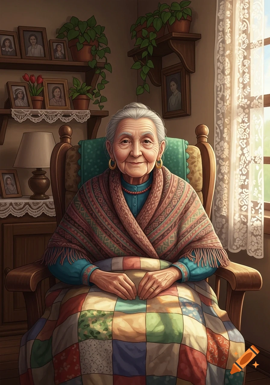 Elderly woman with gray hair and gold earrings, wrapped in a colorful shawl and patchwork quilt, sitting in a wooden armchair by a window.