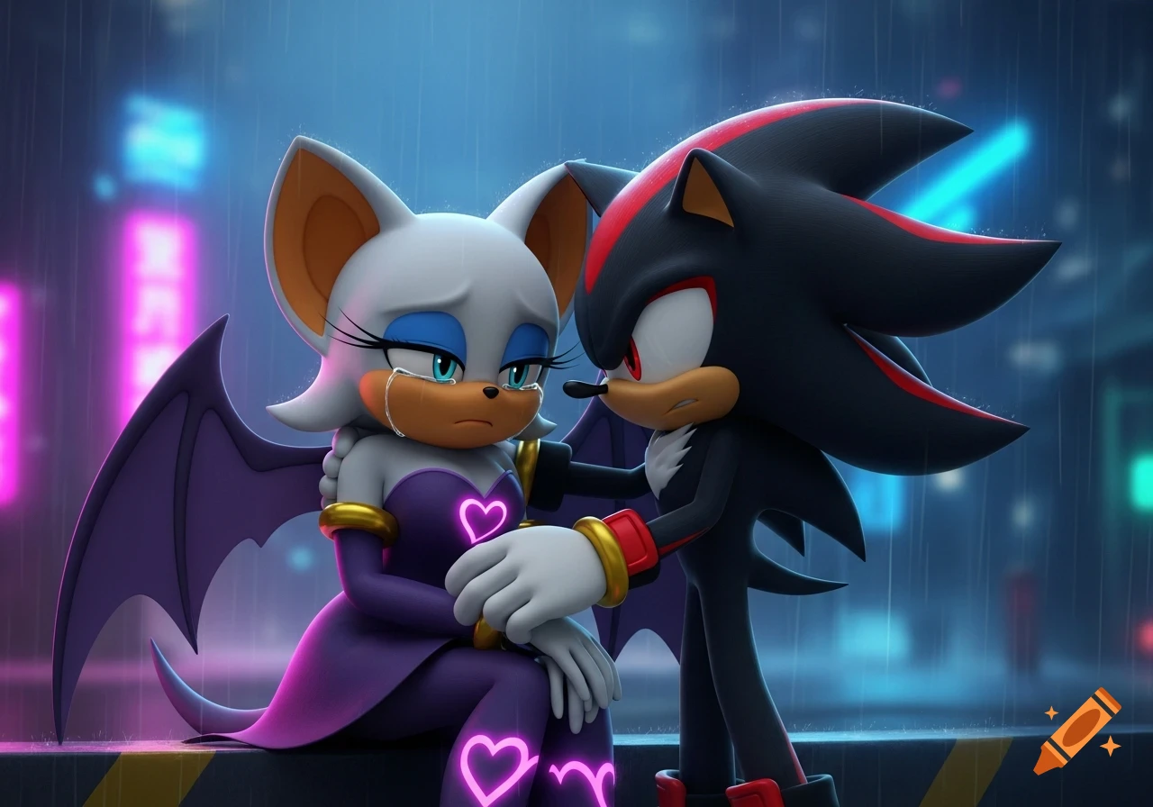 Rouge the Bat cries as Shadow the Hedgehog comforts her in the rain amidst a neon city, in 3D animated style.