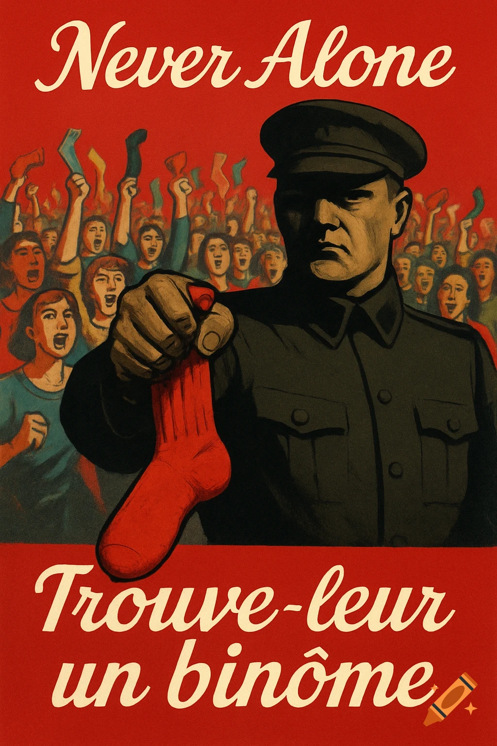 A propaganda-style poster shows a military man holding a red sock in front of a cheering crowd, with text 'Never Alone' and 'Trouve-leur un binôme'.