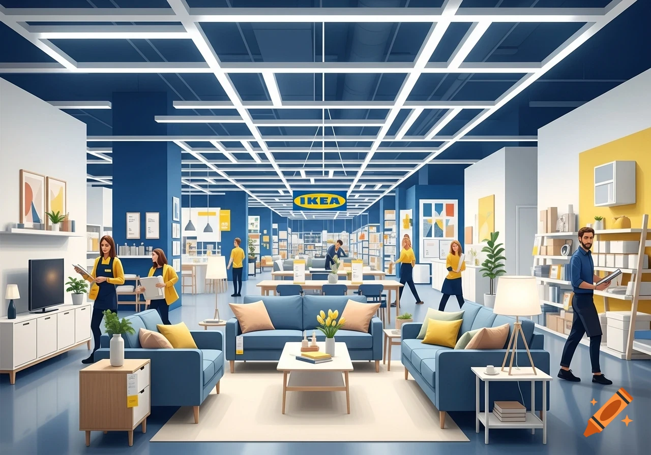 An illustrated interior of an IKEA store with blue and yellow decor, furniture displays, and people browsing.