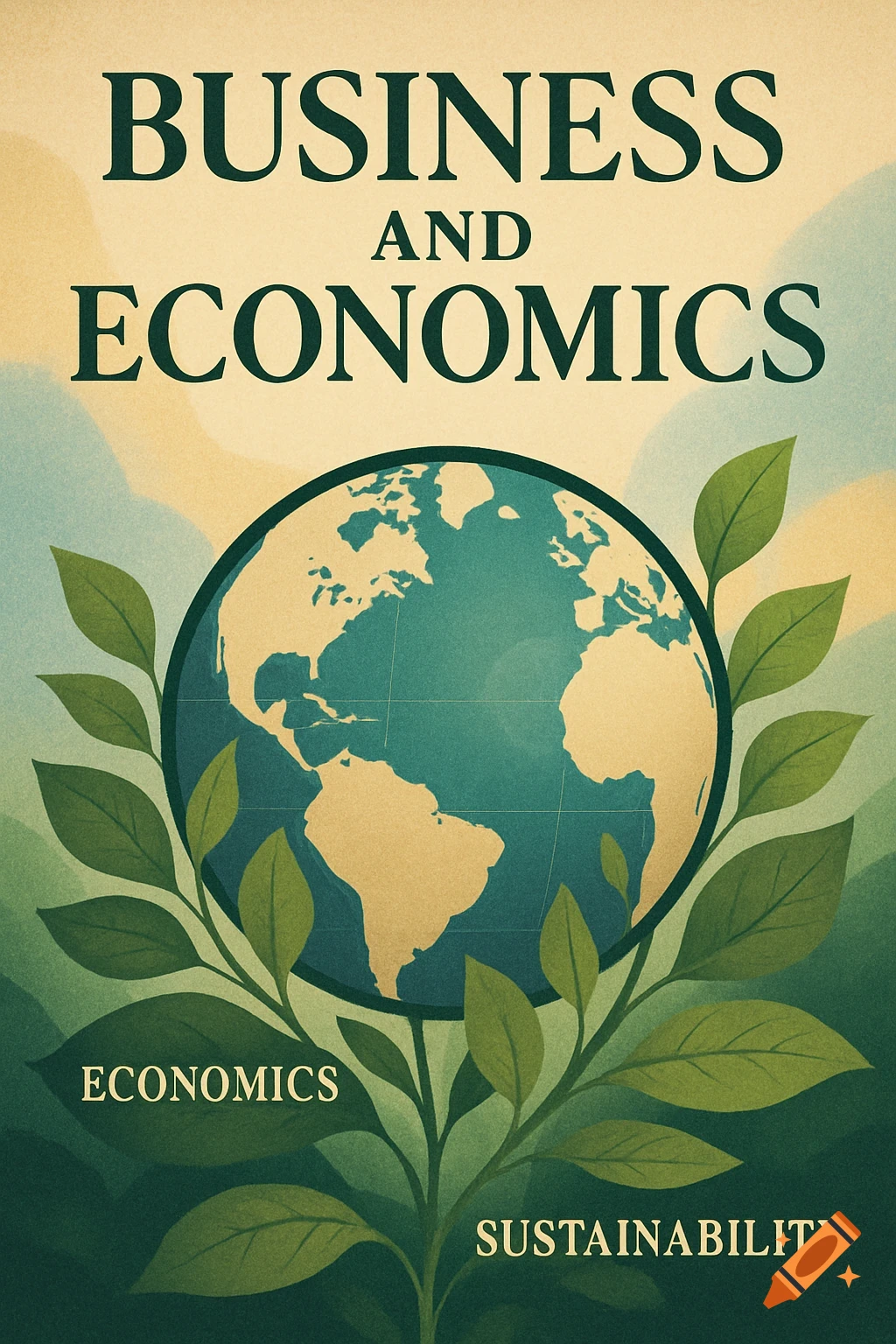 A vintage-style poster for Business and Economics, featuring a globe surrounded by green leaves, with text 'Economics' and 'Sustainability'.
