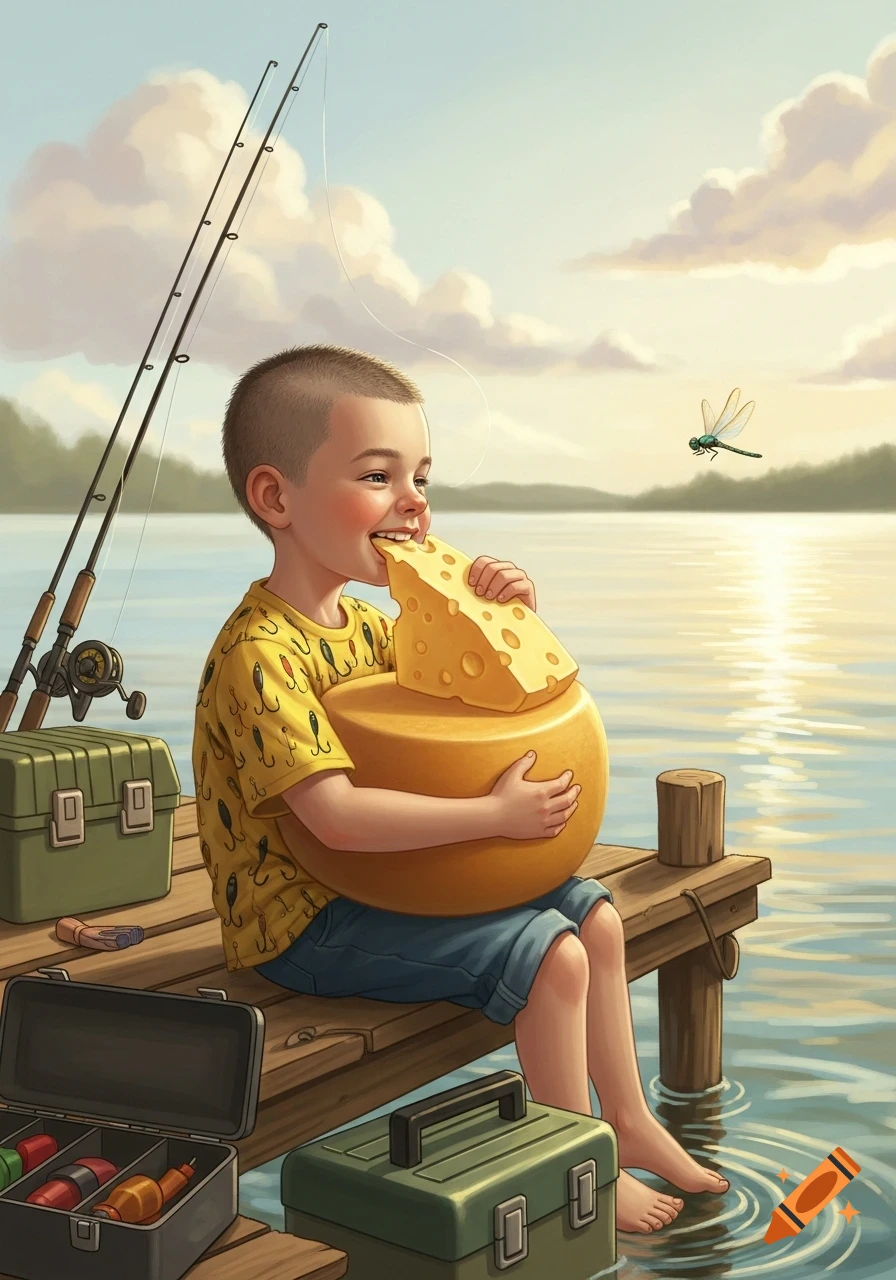 A cheerful boy with a buzz cut sits on a dock by a lake, eating a large wedge of cheese from a giant wheel, with fishing rods and a dragonfly.