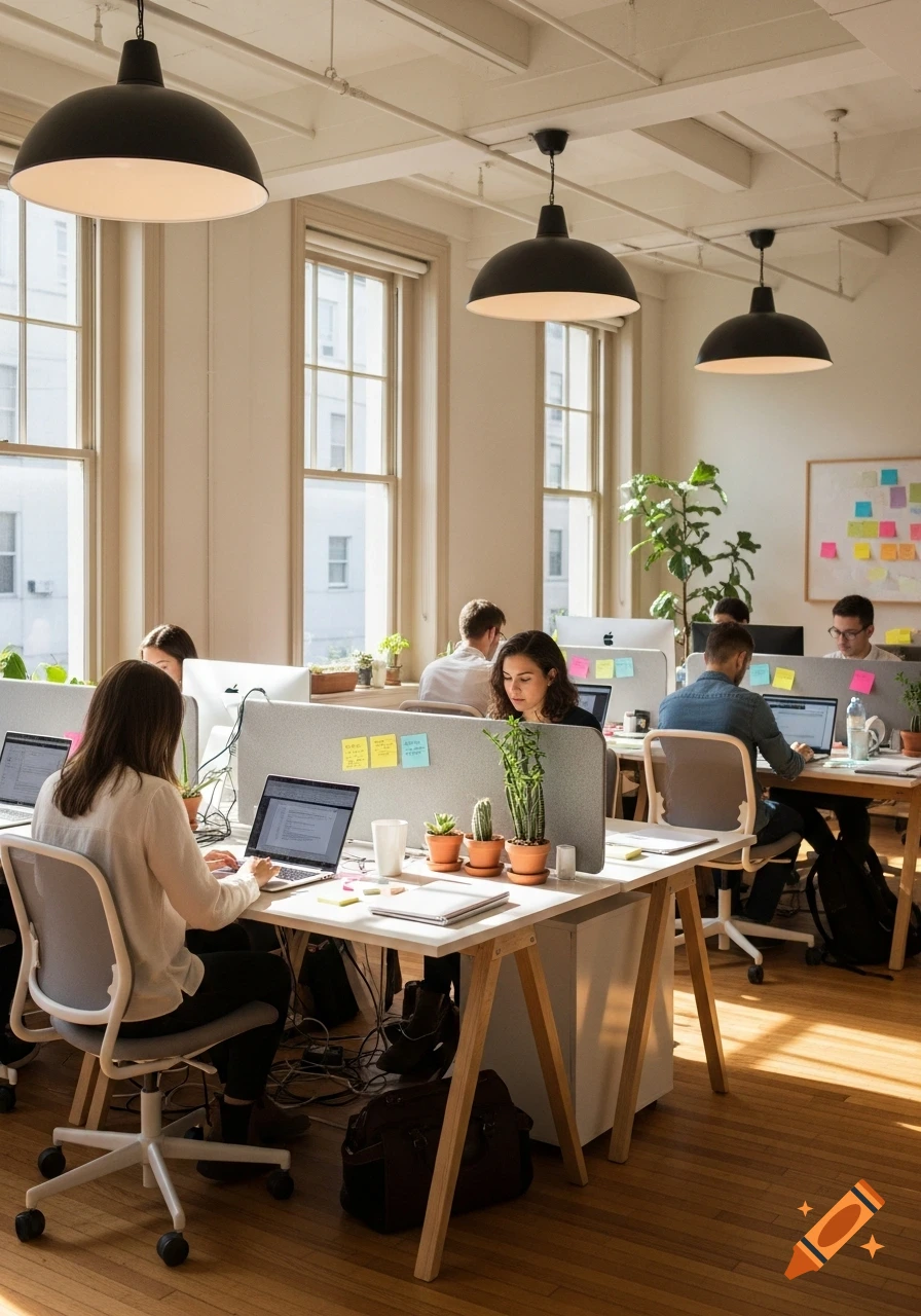 People working on laptops at desks in a bright, modern office with large windows, plants, and black pendant lights.
