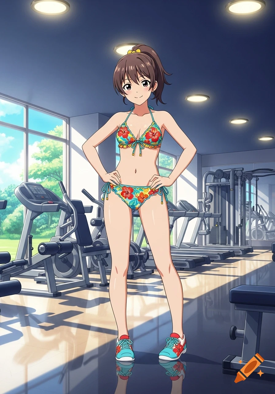 Young anime woman with a brunette ponytail in a floral bikini stands with hands on hips in a gym.