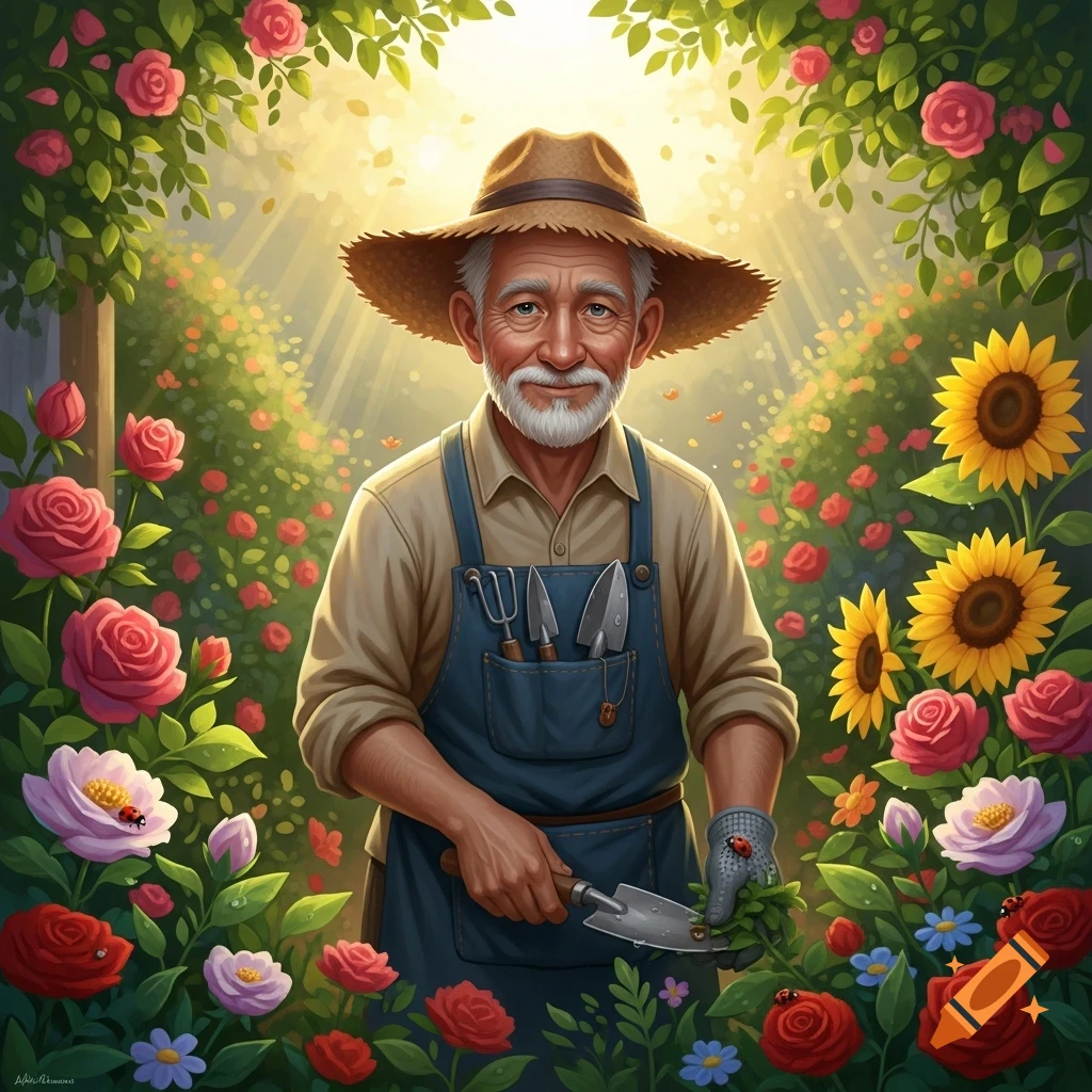 A cheerful old man with a white beard and straw hat holds a trowel in a vibrant, sunny garden filled with roses and sunflowers.