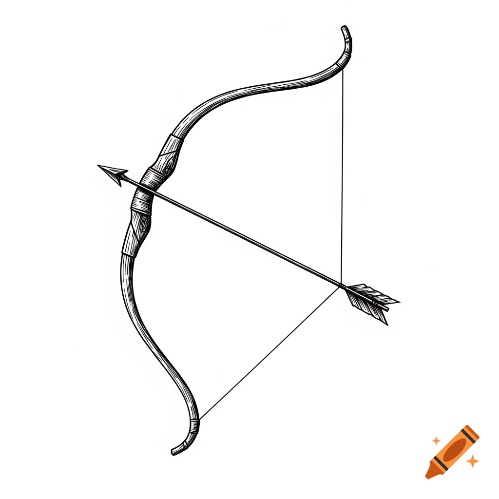 A black and white drawing of a bow with an arrow nocked, rendered with bold lines.