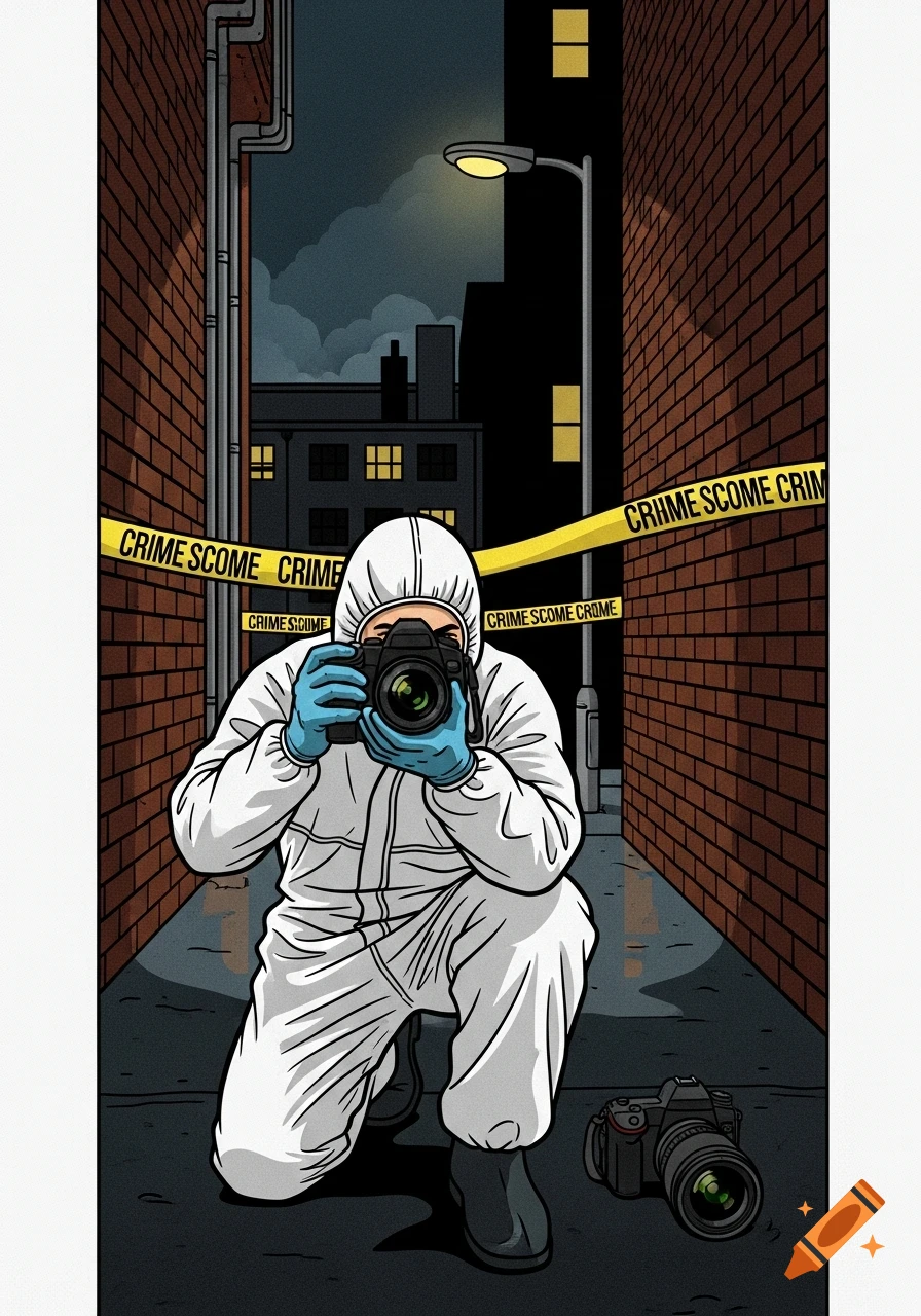 A graphic novel illustration of a forensic photographer in a white suit kneeling, holding a camera in a dark alley with crime tape.