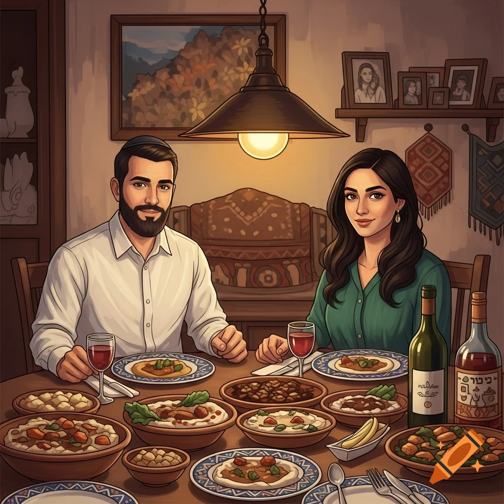 An illustrative scene of a man and woman dining, seated at a table overflowing with various Middle Eastern dishes and wine.