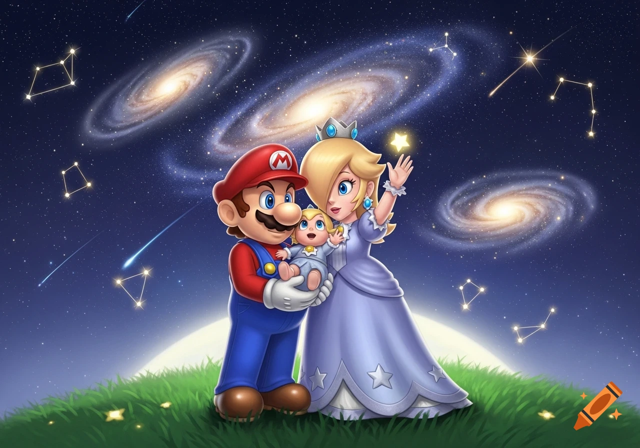 Mario, Princess Rosalina, and a baby stand on a grassy hill under a starry sky with galaxies and constellations.