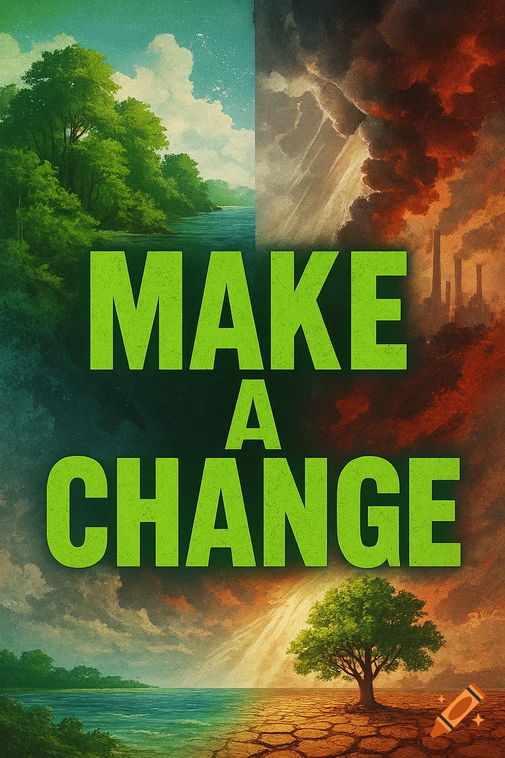Stylized climate change poster showing healthy and polluted environments with 'MAKE A CHANGE' in green text.