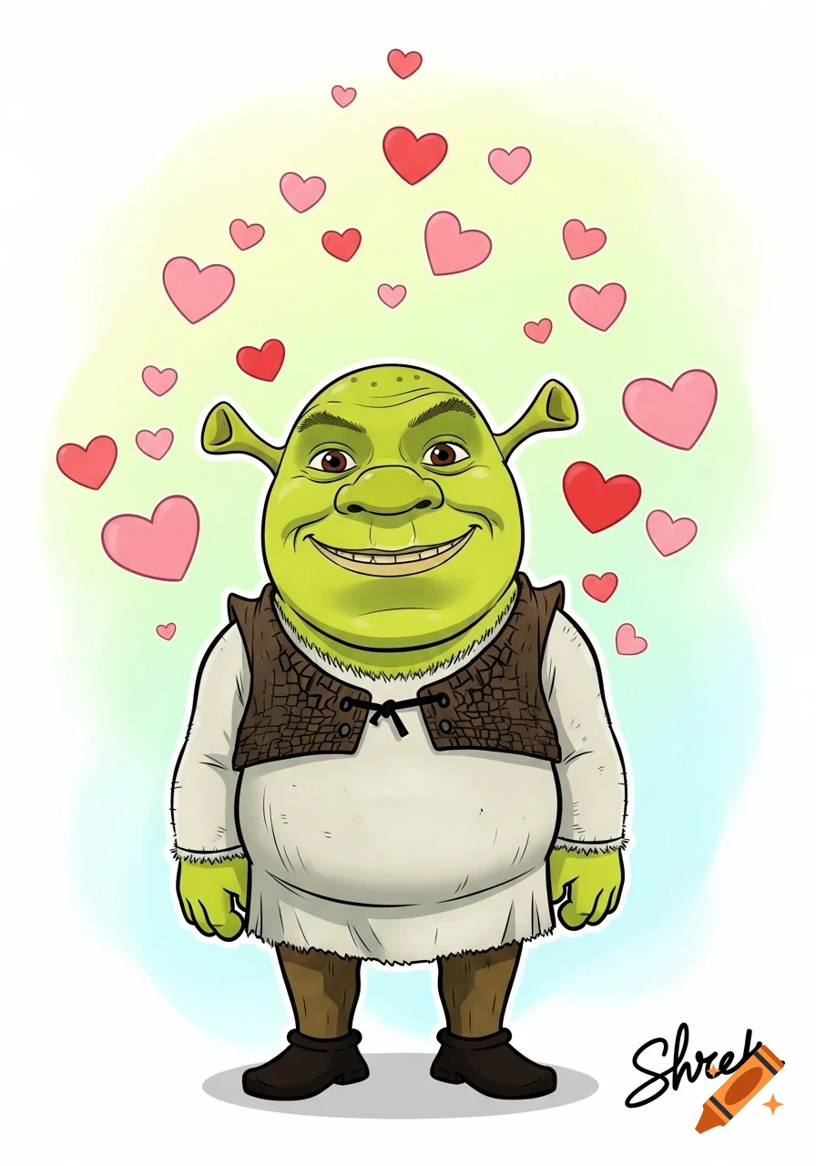 A smiling, full-body cartoon Shrek with hearts floating above him, on a light gradient background.
