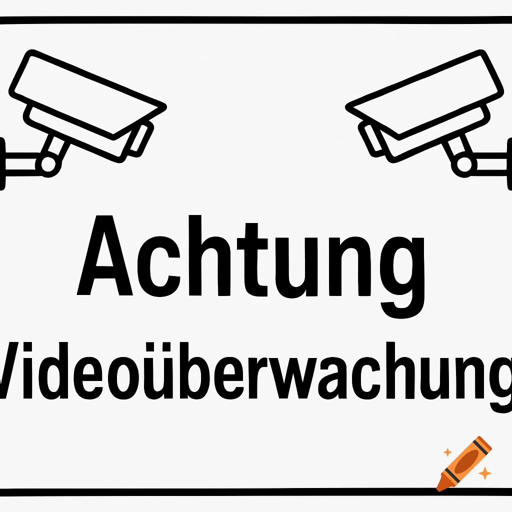 Black and white information sign with surveillance camera icons and German text 'Achtung Videoüberwachung' (Caution Video Surveillance).