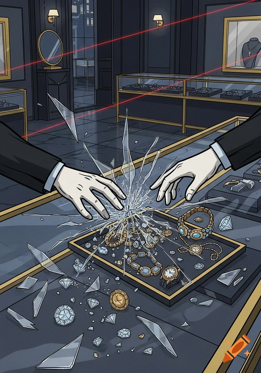 Gloved hands reach into a shattered jewelry display case, scattering diamonds and watches in a graphic novel style illustration of a robbery.