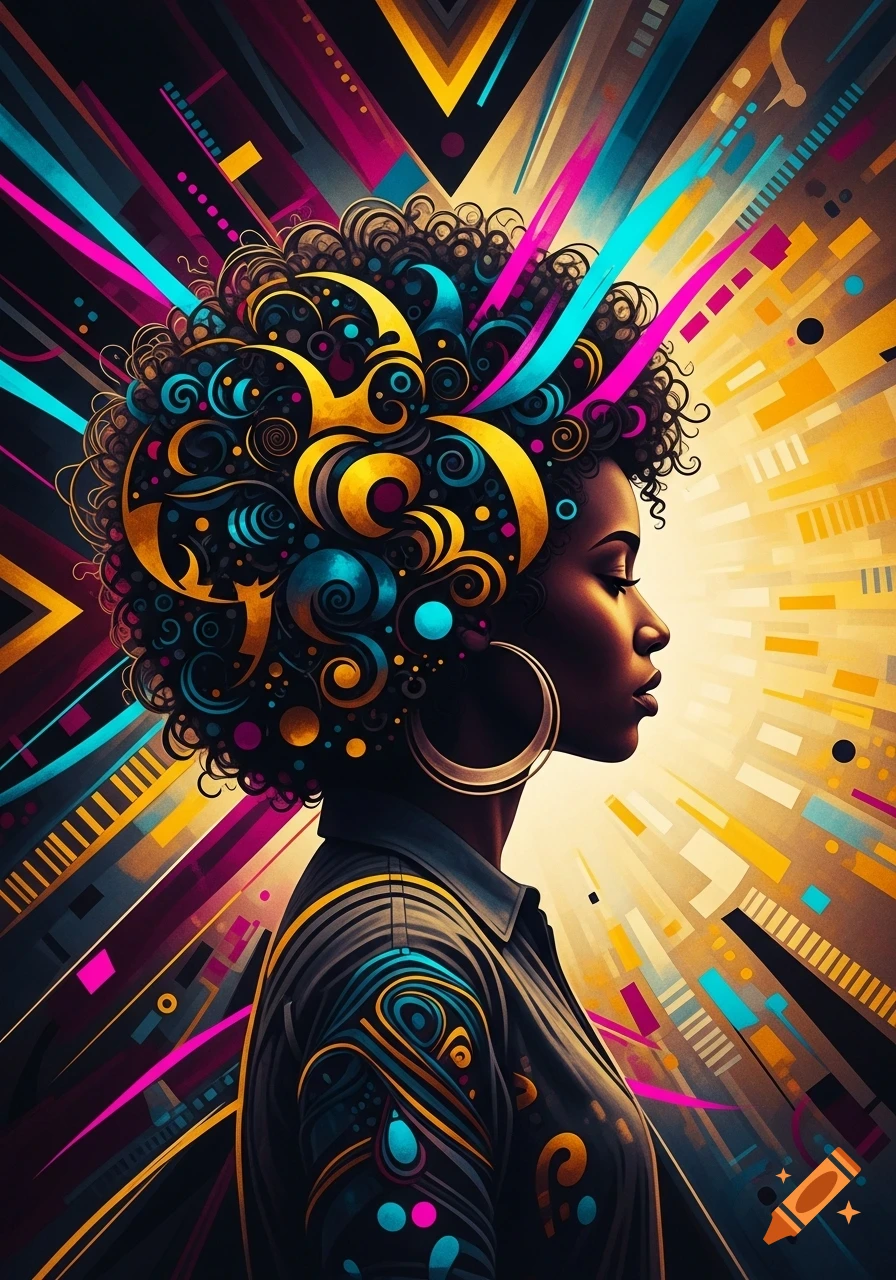 Abstract portrait of a woman with an afro hairstyle, rendered in ...