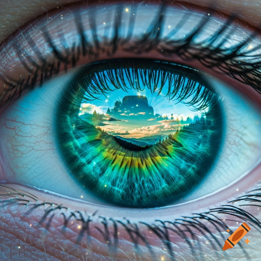 Close-up of a vibrant blue-green human eye reflecting a landscape of mountains, trees, and sky with glowing particles.