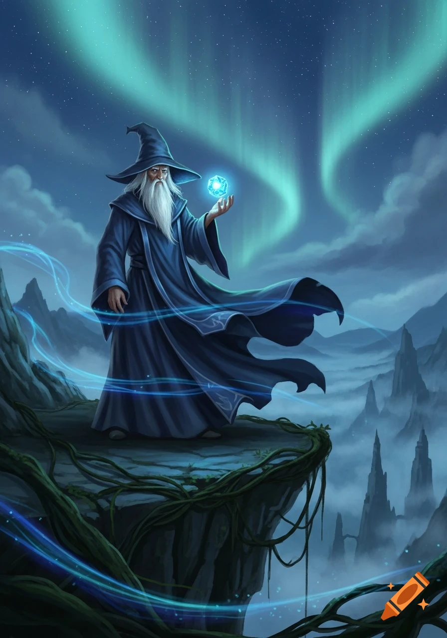 A wizard with a long beard and pointed hat stands on a cliff, holding a glowing magical orb under an aurora-lit sky.