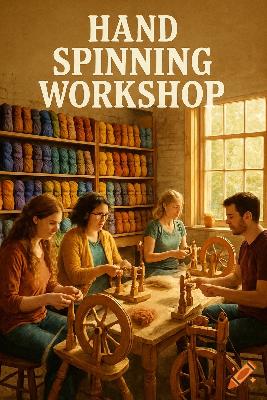 People in a cozy workshop learning hand spinning with wooden wheels and shelves of colorful yarn. Text reads "HAND SPINNING WORKSHOP".